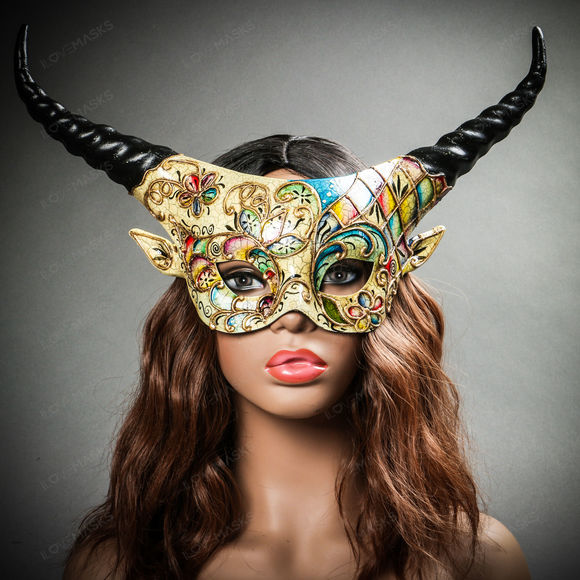 Krampus Black Horn Crackle Animal Devil Party Mask - White Gold - Picture 7 of 10